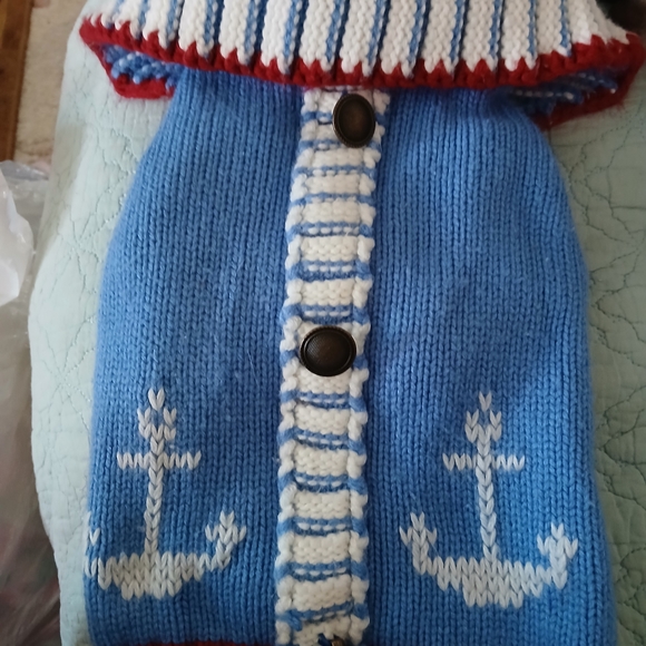 Striped Blue Dog Sweater with Nautical Anchors - Picture 2 of 10